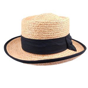 Womens Natural Raffia High Crown Boater Straw Hat Woven Straw Black Bow One-Size